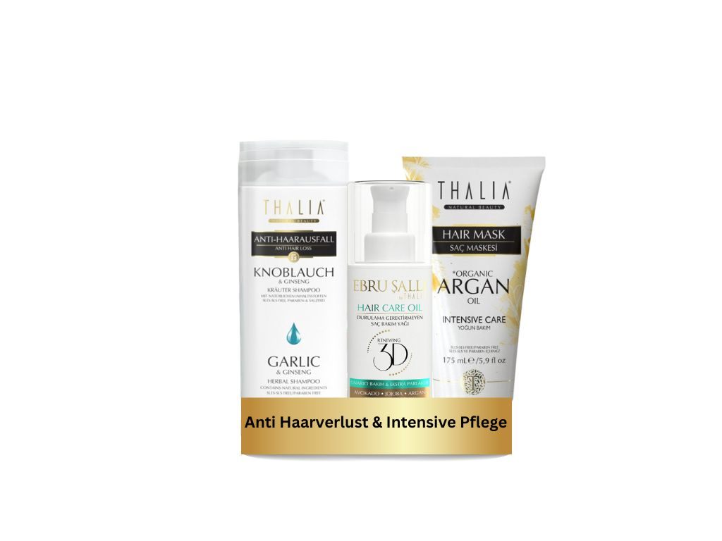 TrioSet Knoblauch Shampoo 300ml + Bio-Arganöl & Macadamia Haarmaske 175ml + Avocado 3D Volumen Haarpflegeöl 75ml