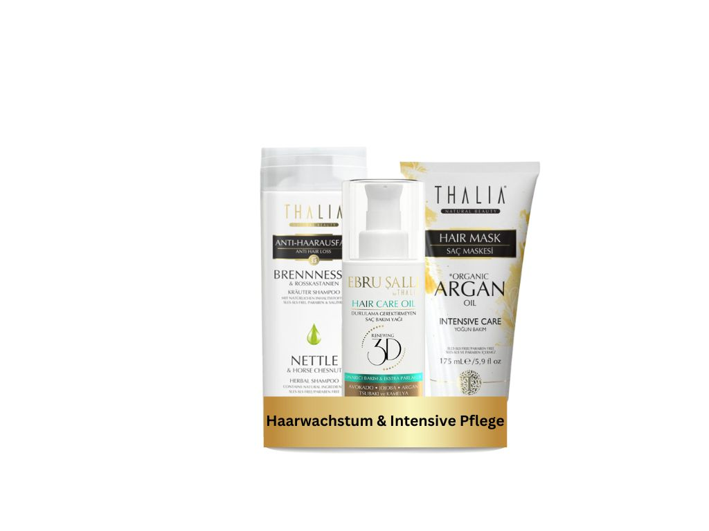 TrioSet Brennnessel Shampoo 300ml + Bio-Arganöl & Macadamia Haarmaske 175ml + Avocado 3D Volumen Haarpflegeöl 75ml