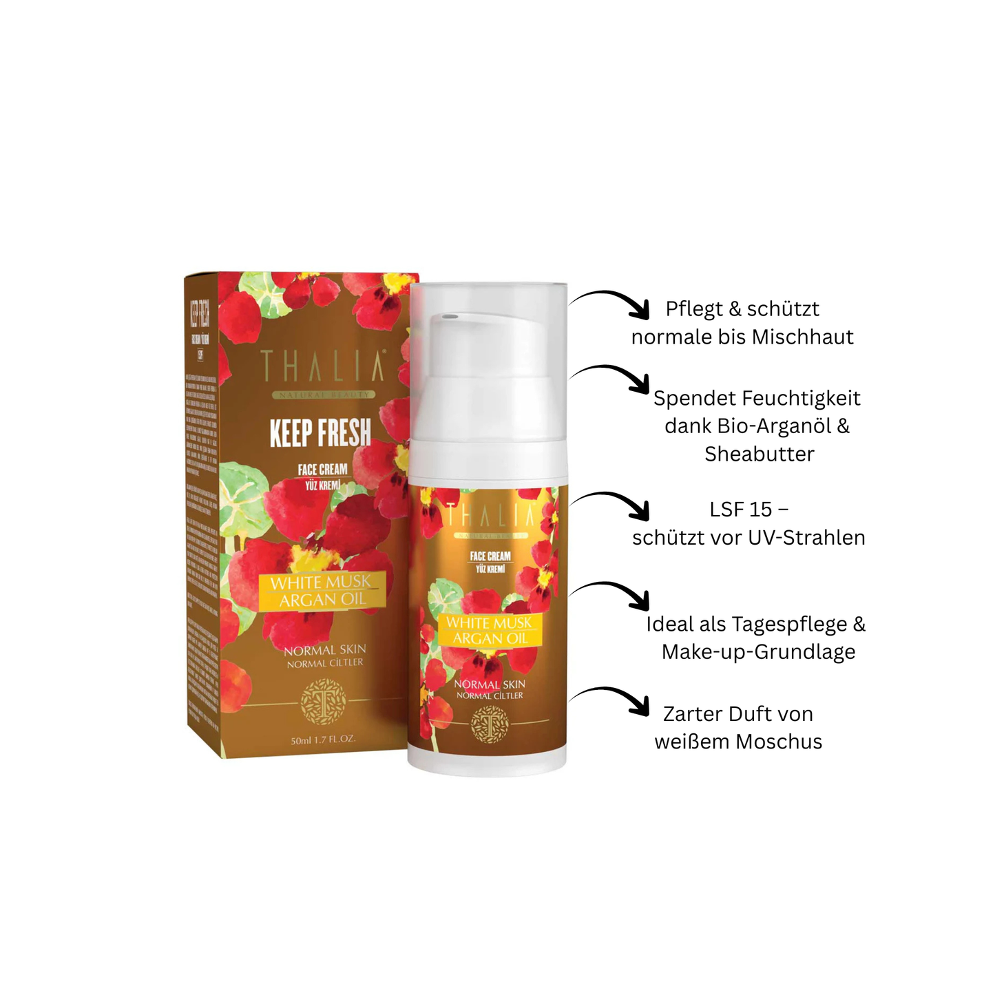 Weißer Moschus & Arganöl Gesichtscreme 50ml – für normale bis Mischhaut (LSF 15)