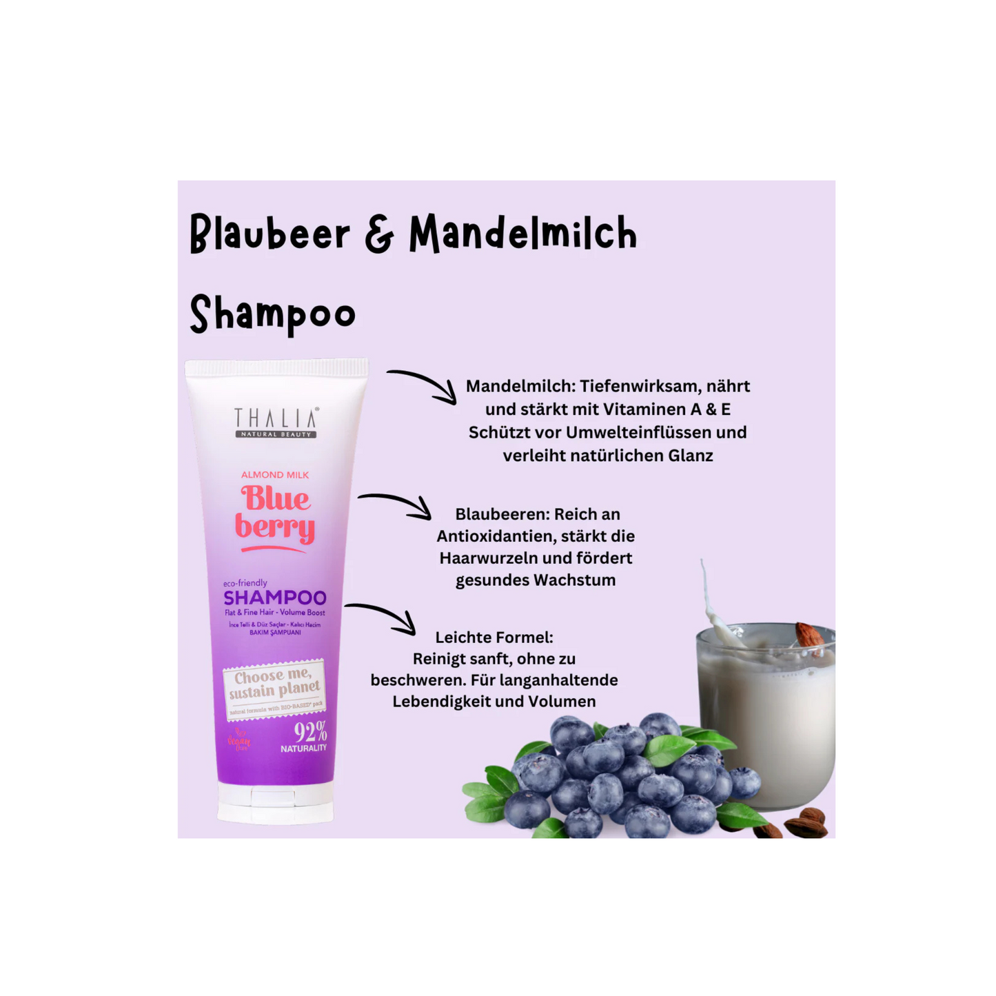 Sugarcane Mandelmilch & Blaubeere-Extrakt Shampoo - für feines & glattes Haar 250ml