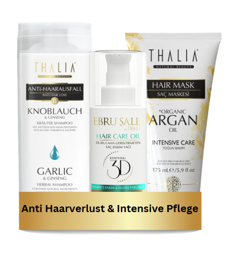 TrioSet Knoblauch Shampoo 300ml + Bio-Arganöl & Macadamia Haarmaske 175ml + Avocado 3D Volumen Haarpflegeöl 75ml