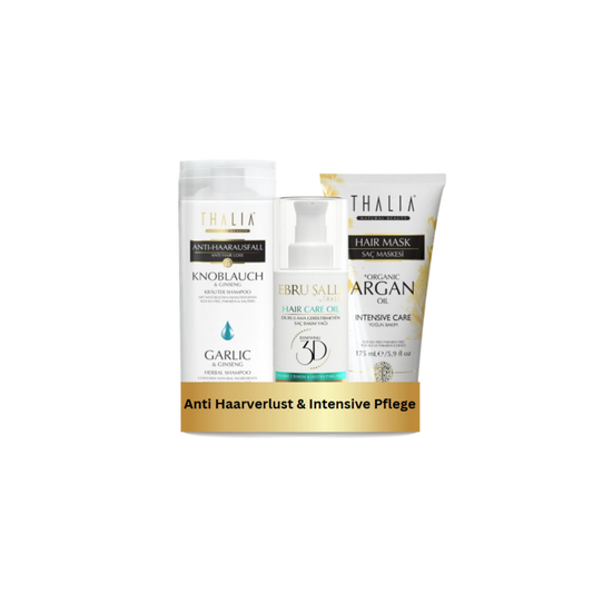 TrioSet Knoblauch Shampoo 300ml + Bio-Arganöl & Macadamia Haarmaske 175ml + Avocado 3D Volumen Haarpflegeöl 75ml