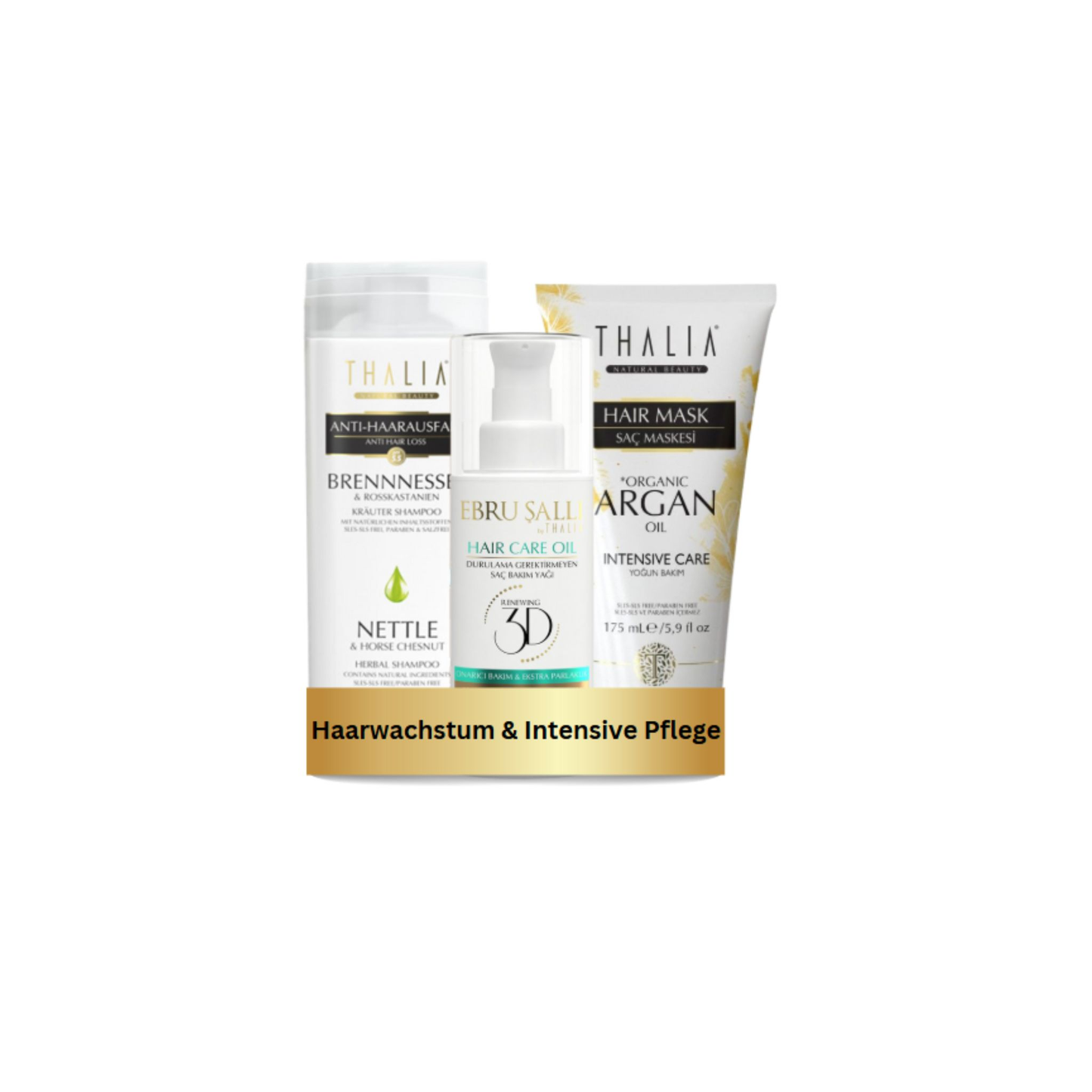 TrioSet Brennnessel Shampoo 300ml + Bio-Arganöl & Macadamia Haarmaske 175ml + Avocado 3D Volumen Haarpflegeöl 75ml