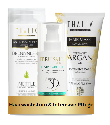 TrioSet Brennnessel Shampoo 300ml + Bio-Arganöl & Macadamia Haarmaske 175ml + Avocado 3D Volumen Haarpflegeöl 75ml