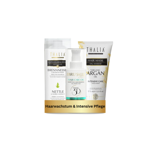 TrioSet Brennnessel Shampoo 300ml + Bio-Arganöl & Macadamia Haarmaske 175ml + Avocado 3D Volumen Haarpflegeöl 75ml