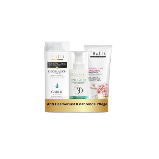 TrioSet Knoblauch Shampoo 300ml + Sakura Haarmaske 175ml + Avocado 3D Volumen Haarpflegeöl 75ml