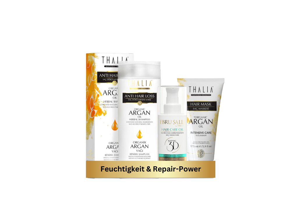 TrioSet Bio Arganöl Shampoo 300ml + Bio-Arganöl & Macadamia Haarmaske 175ml + Avocado 3D Volumen Haarpflegeöl 75ml