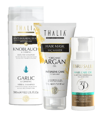 TrioSet Knoblauch Shampoo 300ml + Bio-Arganöl & Macadamia Haarmaske 175ml + Avocado 3D Volumen Haarpflegeöl 75ml