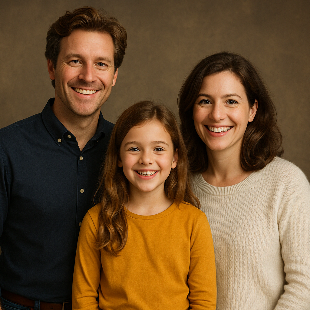 Ich benötige ein Portrait einer 3-köpfigen Familie aus Hamburg. Die Personen sollen gut gelaunt sein und alle gute, volle Haare haben. Sie sollen Mittig im Portrait angeordnet sein. Das Portrait soll amerikanisch sein, also bis knapp unter der Hüfte