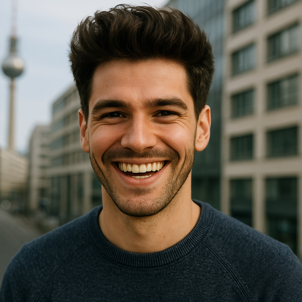 Ich benötige ein Portrait von Max L. aus Berlin. Ein junger dynamische Typ, der sich über sein dichtes Haar freut. Keine Namen im Bild
